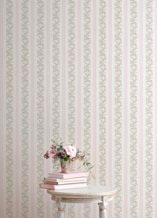Marigold Wreath Pastel Peach Floral Stripe Wallpaper with Farmhouse Botanical Flowers - A-Street Prints AST4649