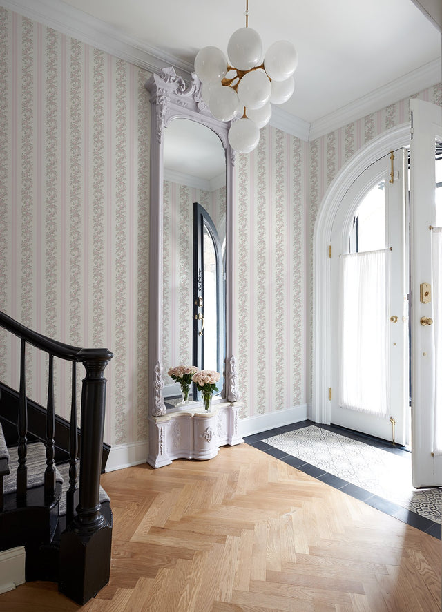 Marigold Wreath Pastel Peach Floral Stripe Wallpaper with Farmhouse Botanical Flowers - A-Street Prints AST4649