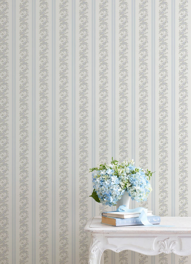 Marigold Wreath Baby Blue Rush Floral Stripe Wallpaper with Botanical Flower Stripe - A-Street Prints AST4650