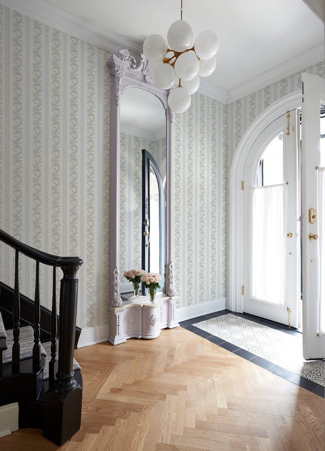 Marigold Wreath Baby Blue Rush Floral Stripe Wallpaper with Botanical Flower Stripe - A-Street Prints AST4650