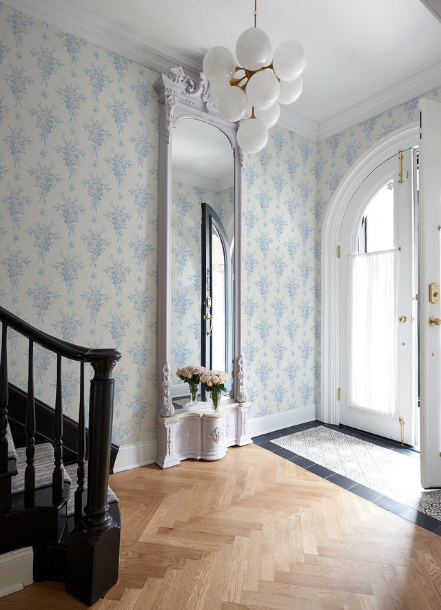 Rosie Arrangements Icey Winters Bouquet Toss Blue Wallpaper with Whimsical Floral Pattern - A-Street Prints AST4651