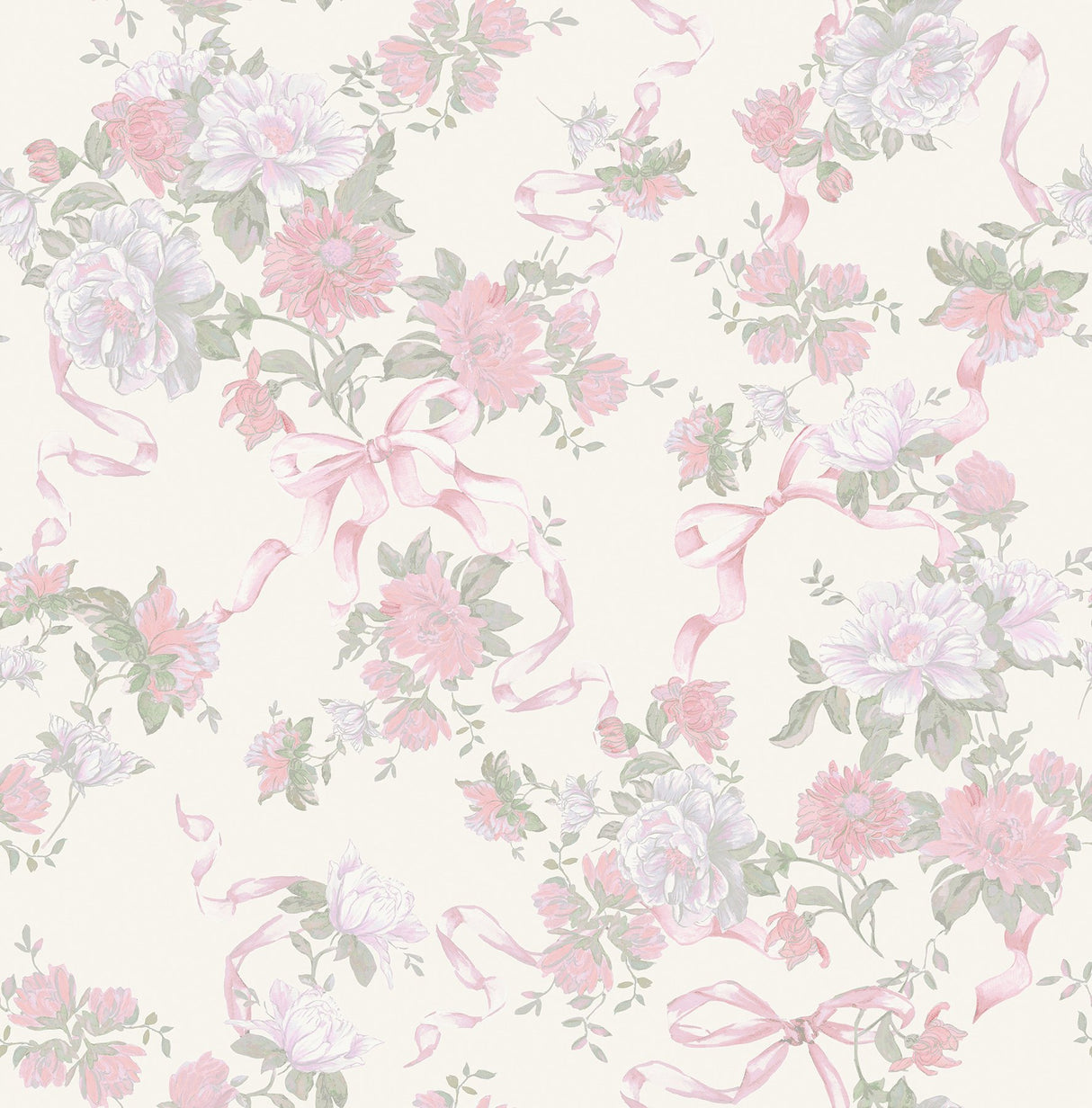 Cabbage Rose Bow Pretty in Pink Ribbons & Roses Wallpaper with Whimsical Botanical Floral Pattern - A-Street Prints AST4653