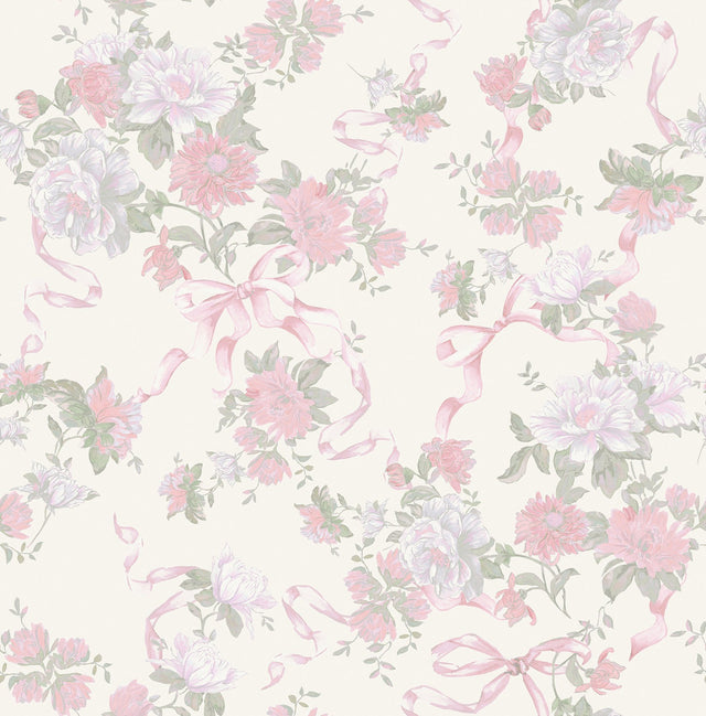 Cabbage Rose Bow Pretty in Pink Ribbons & Roses Wallpaper with Whimsical Botanical Floral Pattern - A-Street Prints AST4653