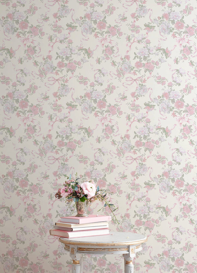 Cabbage Rose Bow Pretty in Pink Ribbons & Roses Wallpaper with Whimsical Botanical Floral Pattern - A-Street Prints AST4653