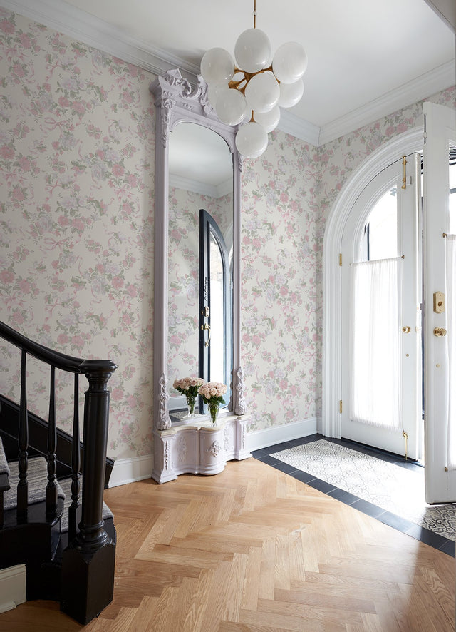 Cabbage Rose Bow Pretty in Pink Ribbons & Roses Wallpaper with Whimsical Botanical Floral Pattern - A-Street Prints AST4653