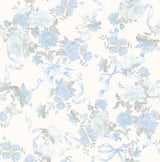 Cabbage Rose Bow Dusty River Blue Ribbons & Roses Wallpaper with Whimsical Botanical Floral Pattern - A?Street Prints AST4654