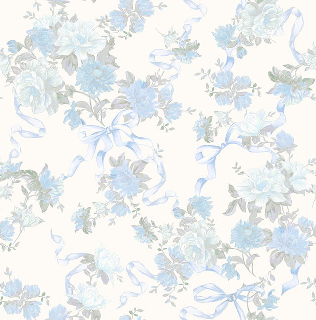 Cabbage Rose Bow Dusty River Blue Ribbons & Roses Wallpaper with Whimsical Botanical Floral Pattern - A?Street Prints AST4654