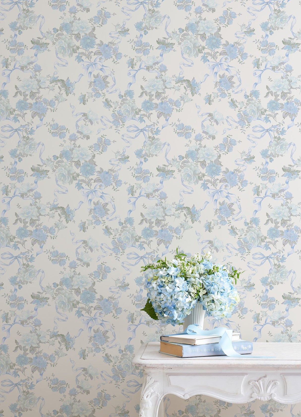 Cabbage Rose Bow Dusty River Blue Ribbons & Roses Wallpaper with Whimsical Botanical Floral Pattern - A?Street Prints AST4654