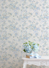 Cabbage Rose Bow Dusty River Blue Ribbons & Roses Wallpaper with Whimsical Botanical Floral Pattern - A?Street Prints AST4654