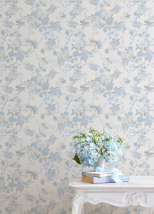 Cabbage Rose Bow Dusty River Blue Ribbons & Roses Wallpaper with Whimsical Botanical Floral Pattern - A?Street Prints AST4654