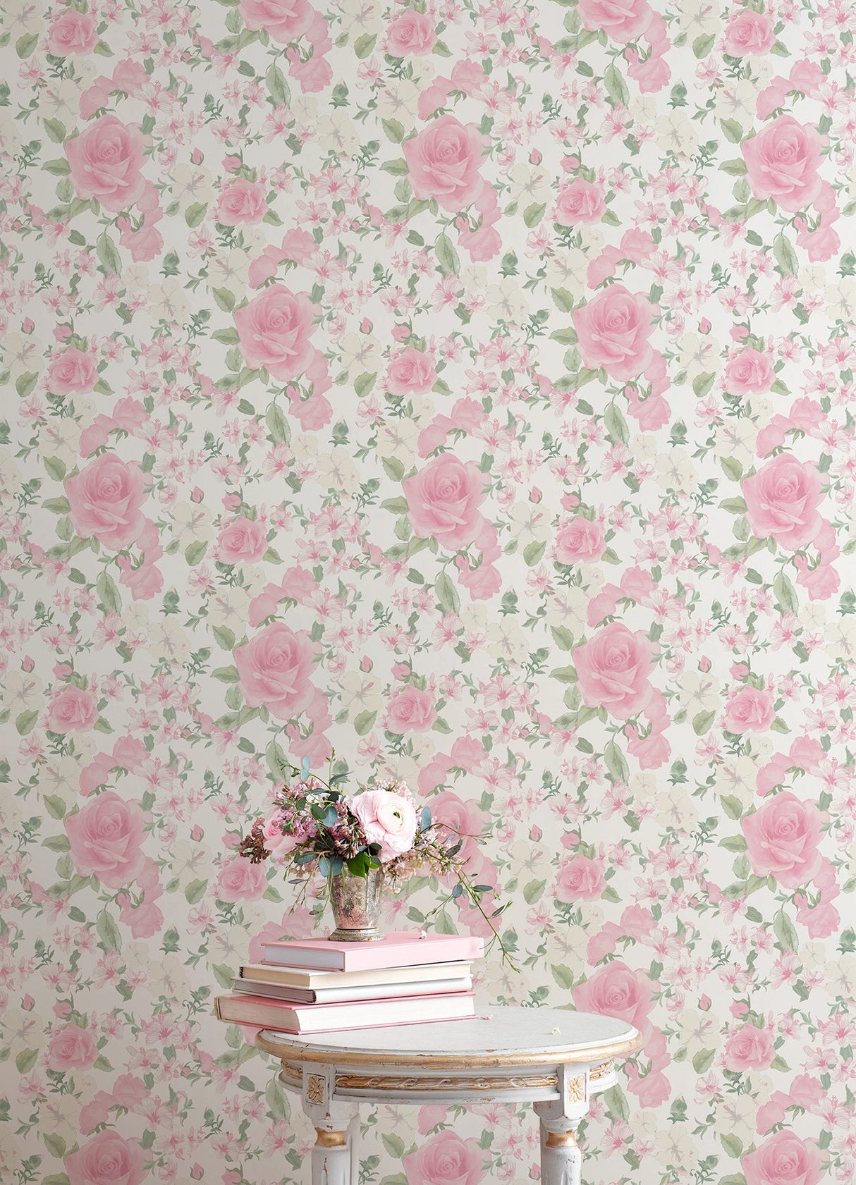 Sunset Harbor Rose Vida Rosa Wallpaper with Roses & White Flowers Motif - A-Street Prints AST4655