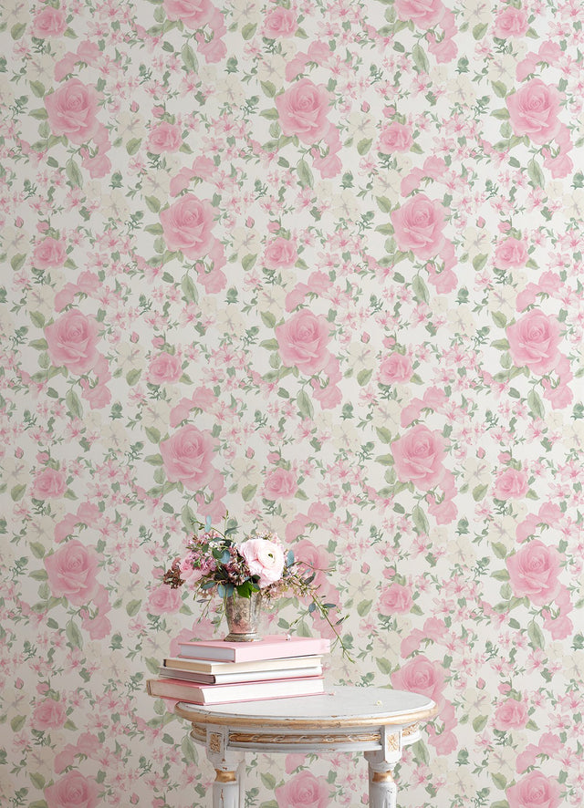 Sunset Harbor Rose Vida Rosa Wallpaper with Roses & White Flowers Motif - A-Street Prints AST4655