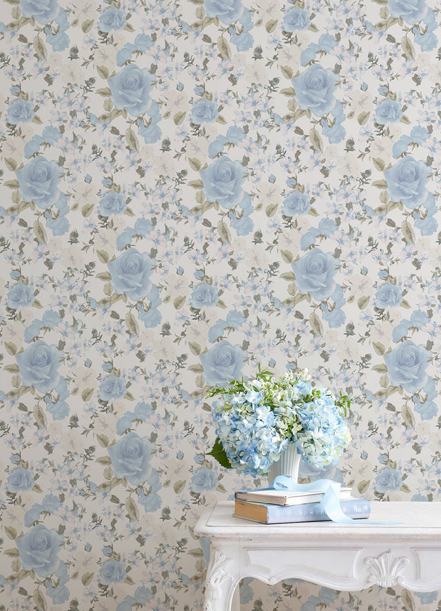 Sunset Harbor Rose Bella Lina Blue Wallpaper with Whimsical Botanical Flower Pattern - A?Street Prints AST4656