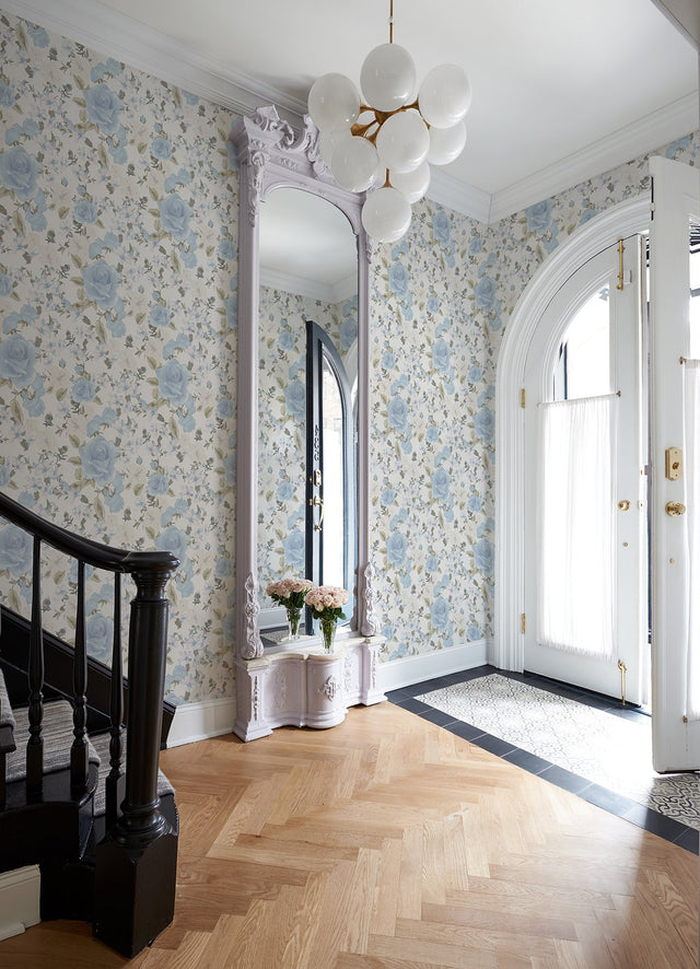 Sunset Harbor Rose Bella Lina Blue Wallpaper with Whimsical Botanical Flower Pattern - A?Street Prints AST4656