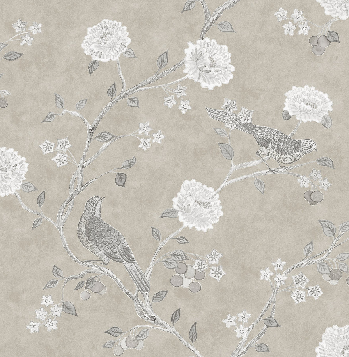 Wellesley Taupe Chinoiserie Wallpaper with Vintage Bird and Floral Motif - A?Street Prints AST4969