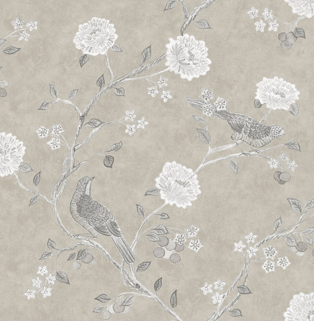 Wellesley Taupe Chinoiserie Wallpaper with Vintage Bird and Floral Motif - A?Street Prints AST4969