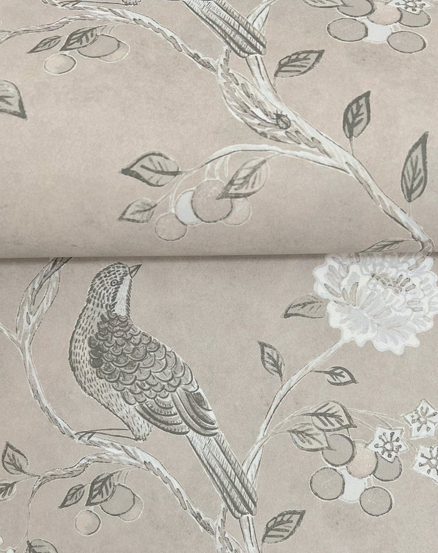 Wellesley Taupe Chinoiserie Wallpaper with Vintage Bird and Floral Motif - A?Street Prints AST4969