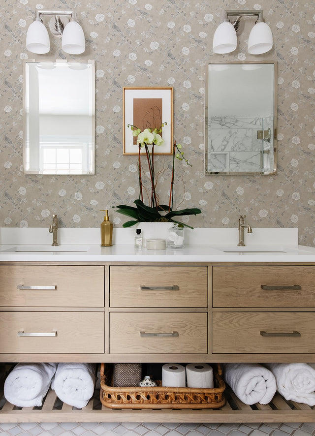Wellesley Taupe Chinoiserie Wallpaper with Vintage Bird and Floral Motif - A?Street Prints AST4969
