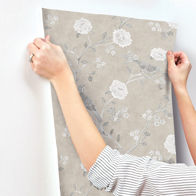 Wellesley Taupe Chinoiserie Wallpaper with Vintage Bird and Floral Motif - A?Street Prints AST4969
