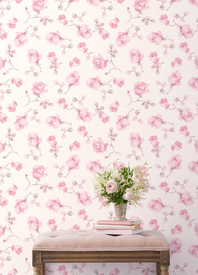 Ribbon Rosa Chateau Rose Loose Roses Wallpaper with Vintage Botanical Floral Pattern - A-Street Prints AST6084