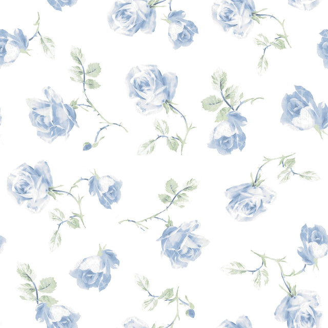 Ribbon Rosa French Blue Loose Roses Wallpaper with Botanical Vintage Style - A-Street Prints AST6085