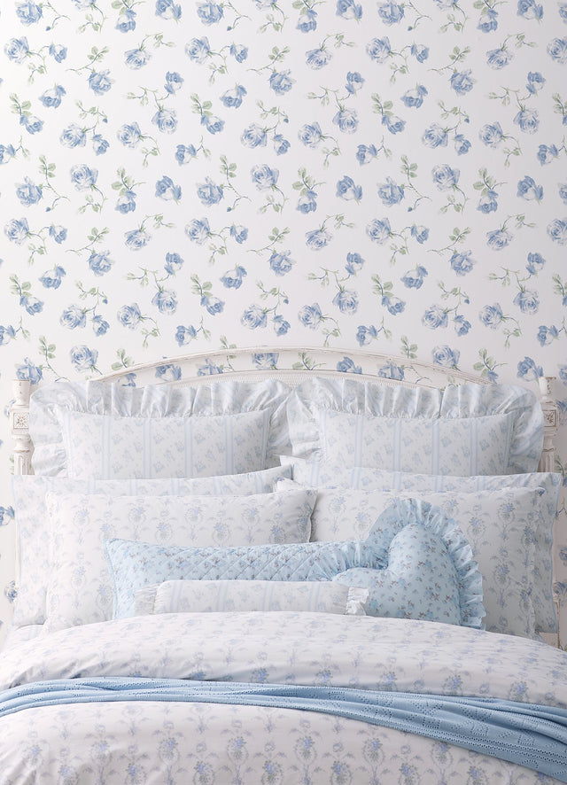 Ribbon Rosa French Blue Loose Roses Wallpaper with Botanical Vintage Style - A-Street Prints AST6085