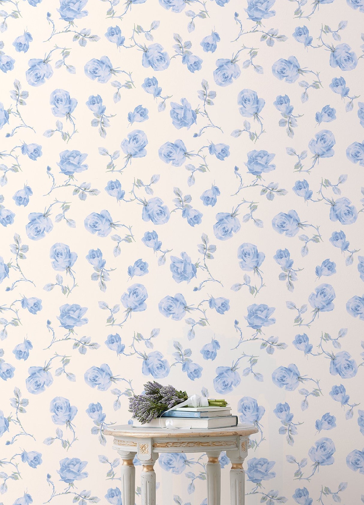 Ribbon Rosa French Blue Loose Roses Wallpaper with Botanical Vintage Style - A-Street Prints AST6085