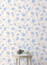 Ribbon Rosa French Blue Loose Roses Wallpaper with Botanical Vintage Style - A-Street Prints AST6085