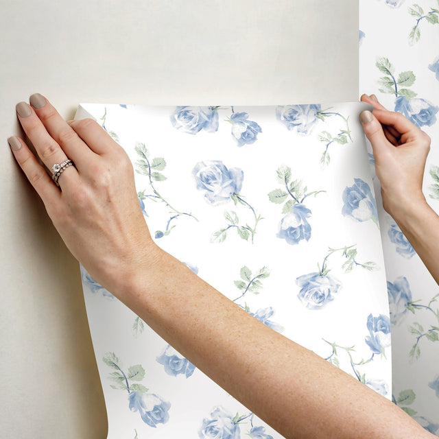 Ribbon Rosa French Blue Loose Roses Wallpaper with Botanical Vintage Style - A-Street Prints AST6085