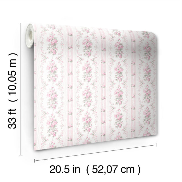 Dreamy Days Pink Parfait Stripe & Floral Wallpaper with Vintage Botanical Motif - A-Street Prints AST6086