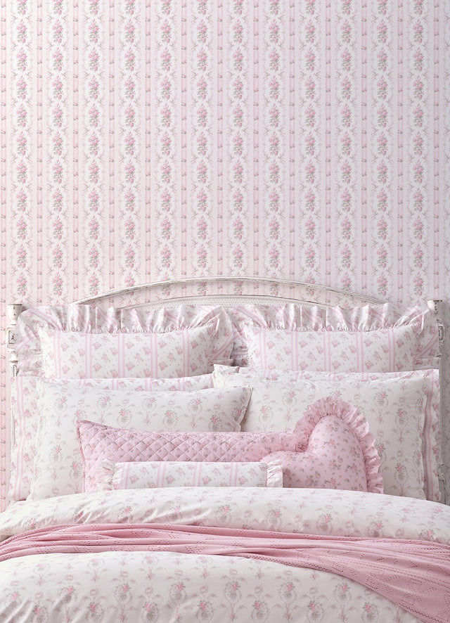 Dreamy Days Pink Parfait Stripe & Floral Wallpaper with Vintage Botanical Motif - A-Street Prints AST6086