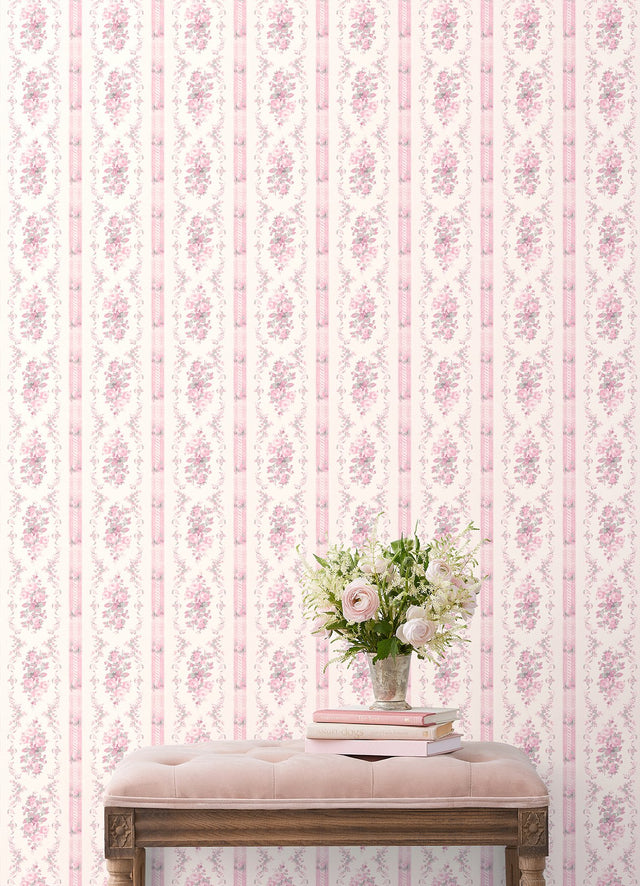 Dreamy Days Pink Parfait Stripe & Floral Wallpaper with Vintage Botanical Motif - A-Street Prints AST6086