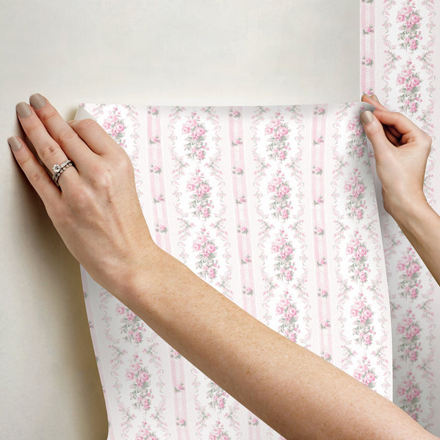 Dreamy Days Pink Parfait Stripe & Floral Wallpaper with Vintage Botanical Motif - A-Street Prints AST6086