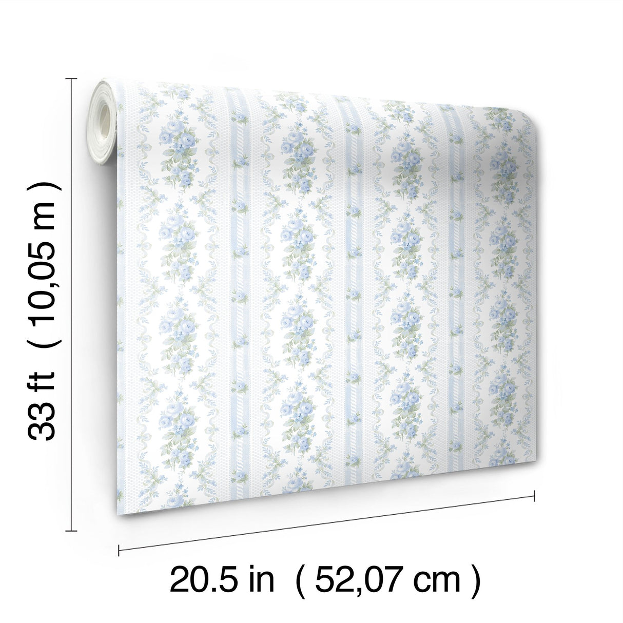 Dreamy Days Sweet Blue Stripe & Floral Wallpaper with Botanical Vintage Motif - AST6087