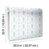 Dreamy Days Sweet Blue Stripe & Floral Wallpaper with Botanical Vintage Motif - AST6087