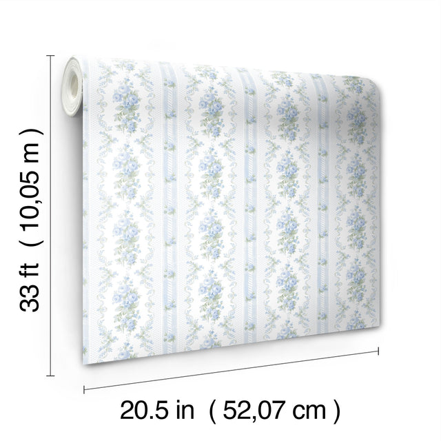 Dreamy Days Sweet Blue Stripe & Floral Wallpaper with Botanical Vintage Motif - AST6087