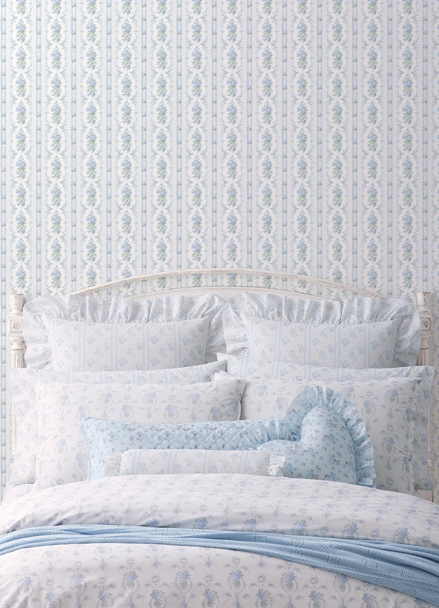 Dreamy Days Sweet Blue Stripe & Floral Wallpaper with Botanical Vintage Motif - AST6087