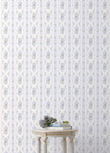 Dreamy Days Sweet Blue Stripe & Floral Wallpaper with Botanical Vintage Motif - AST6087