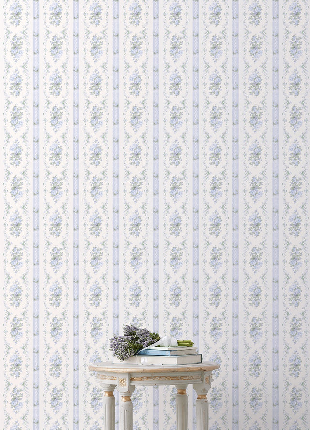 Dreamy Days Sweet Blue Stripe & Floral Wallpaper with Botanical Vintage Motif - AST6087