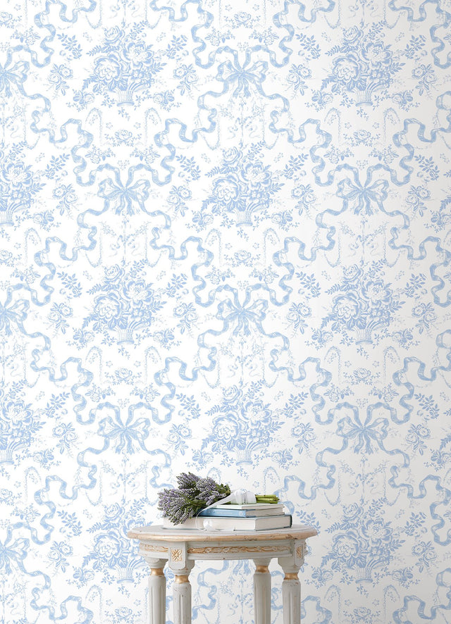 Fairytale Blissful Blue Toile Wallpaper with Whimsical Floral Damask - A?Street Prints AST6272