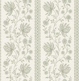Edgemoor Sage Jacobean Stripe wallpaper roll showing soft sage floral trails with scalloped stripe accents.