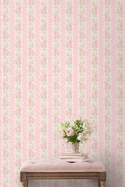 Blooming Heirloom Strawberry Macaron by LoveShackFancy Rose Stripe Wallpaper – A-Street Prints AST6493