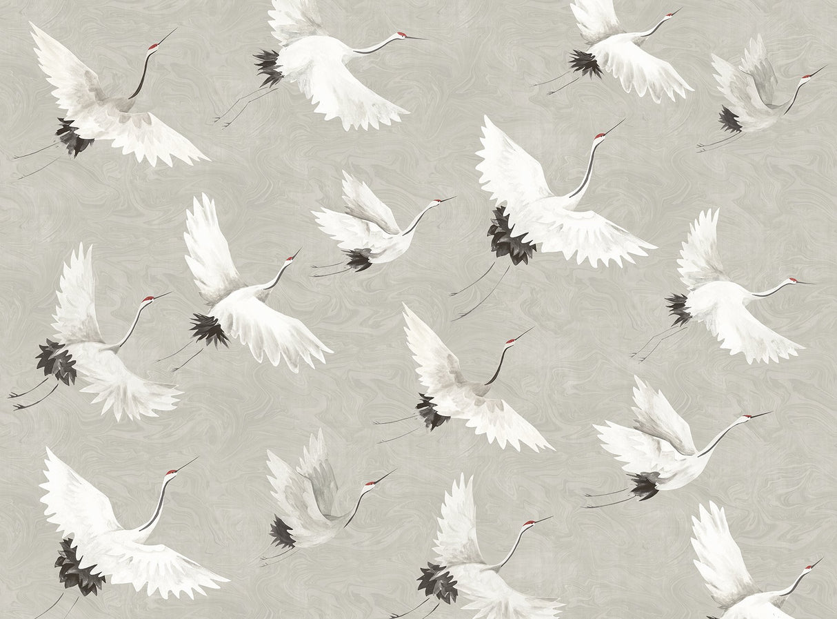Crane You Later Dove Grey Wall Mural with Artistic Crane Motif, Non Woven, 12-ft 2-in W x 9-ft H - A-Street Prints ASTM3909