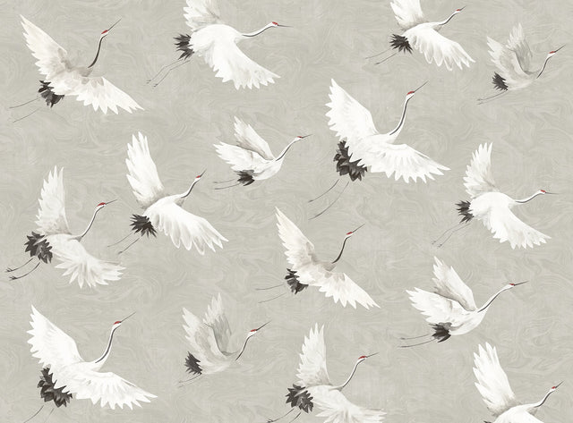 Crane You Later Dove Grey Wall Mural with Artistic Crane Motif, Non Woven, 12-ft 2-in W x 9-ft H - A-Street Prints ASTM3909