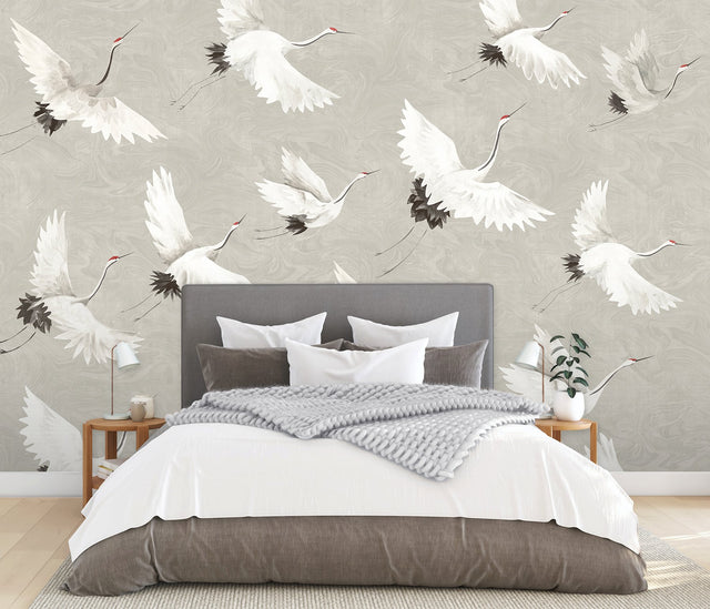 Crane You Later Dove Grey Wall Mural with Artistic Crane Motif, Non Woven, 12-ft 2-in W x 9-ft H - A-Street Prints ASTM3909