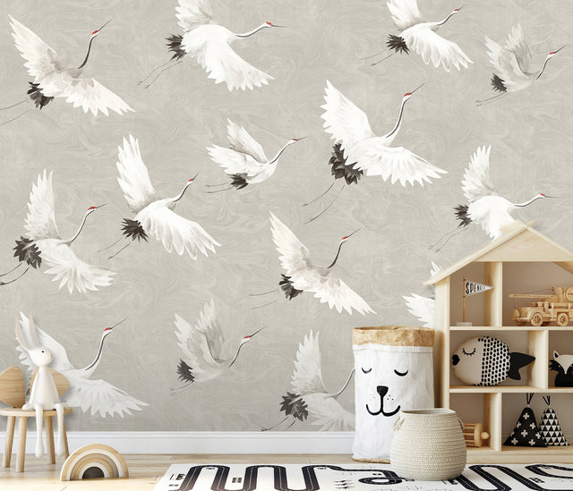 Crane You Later Dove Grey Wall Mural with Artistic Crane Motif, Non Woven, 12-ft 2-in W x 9-ft H - A-Street Prints ASTM3909