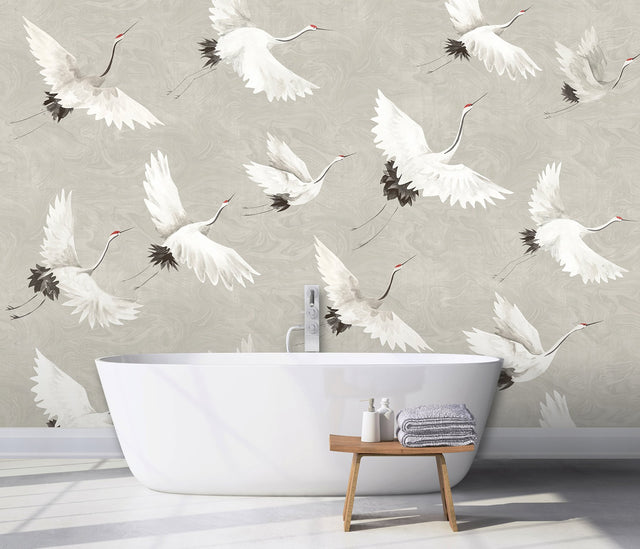 Crane You Later Dove Grey Wall Mural with Artistic Crane Motif, Non Woven, 12-ft 2-in W x 9-ft H - A-Street Prints ASTM3909