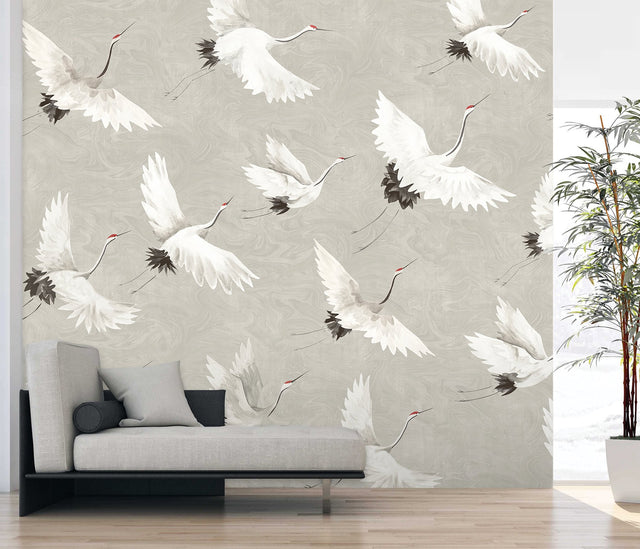 Crane You Later Dove Grey Wall Mural with Artistic Crane Motif, Non Woven, 12-ft 2-in W x 9-ft H - A-Street Prints ASTM3909