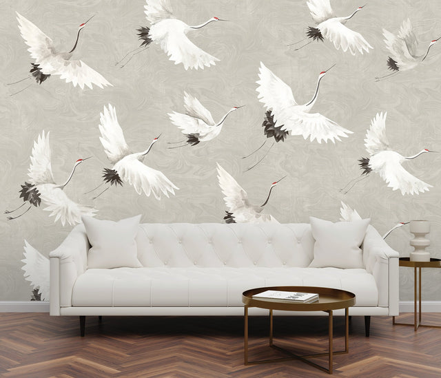 Crane You Later Dove Grey Wall Mural with Artistic Crane Motif, Non Woven, 12-ft 2-in W x 9-ft H - A-Street Prints ASTM3909