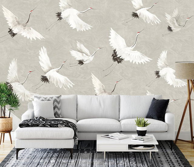 Crane You Later Dove Grey Wall Mural with Artistic Crane Motif, Non Woven, 12-ft 2-in W x 9-ft H - A-Street Prints ASTM3909